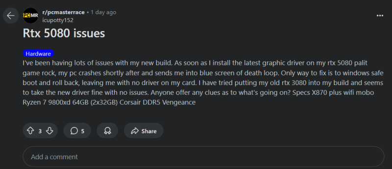 Пользователи пожаловались на GeForce RTX 5090 и RTX 5090D: сбои, чёрные экраны и превращения в «кирпич»